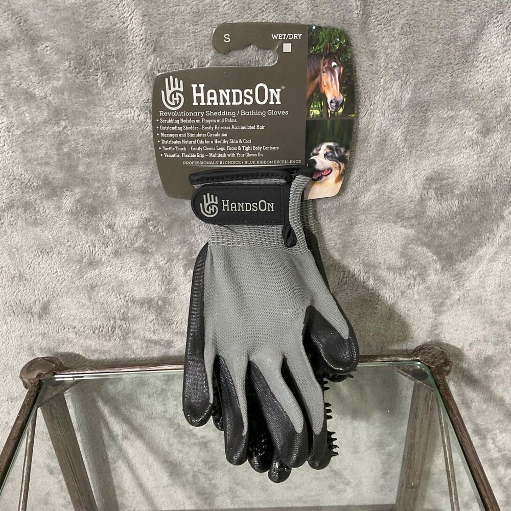 NWT HandsOn Gloves Pet Grooming Gloves grey /black dog cat horse size small .